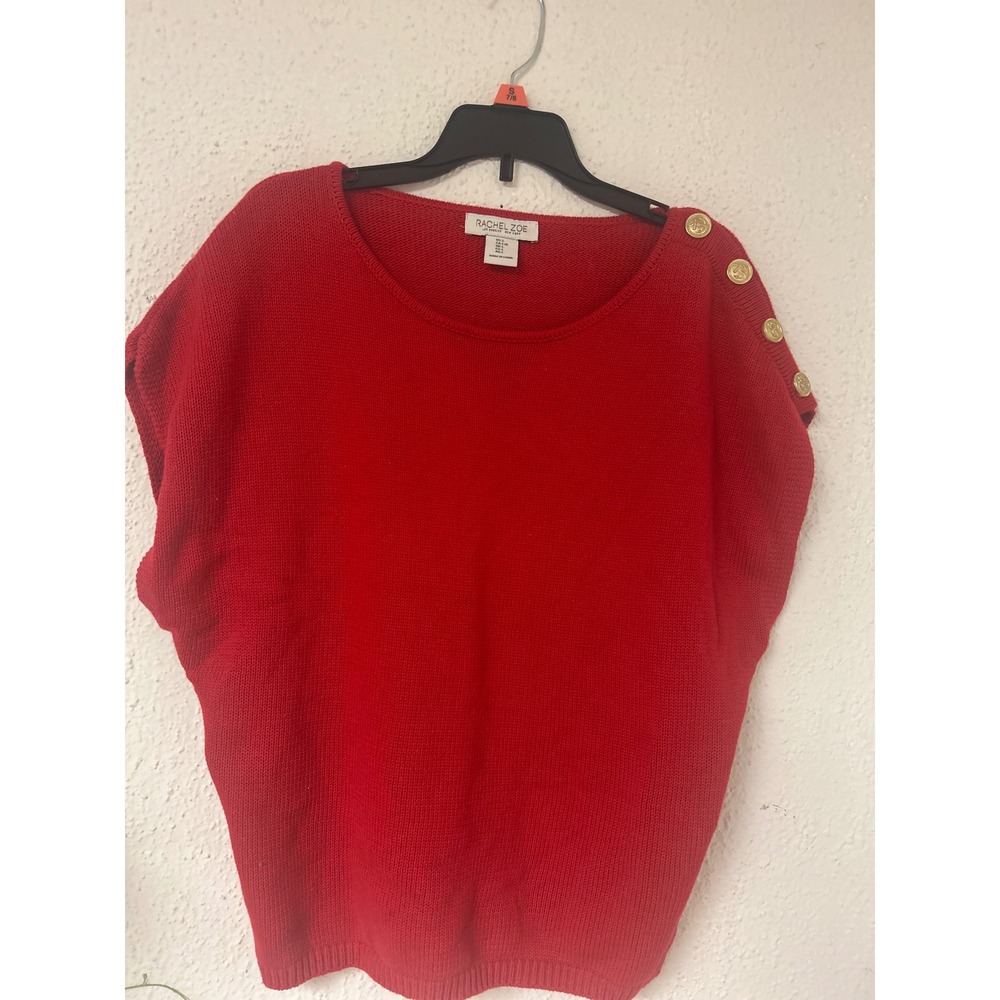 Rachel Zoe Red Cotton Knit Short Sleeve Sweater Gold Shoulder Buttons Large